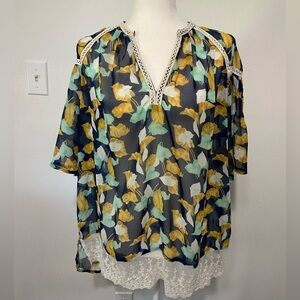 Kori Americana women's S semi sheer peasant blouse with lace trim EUC